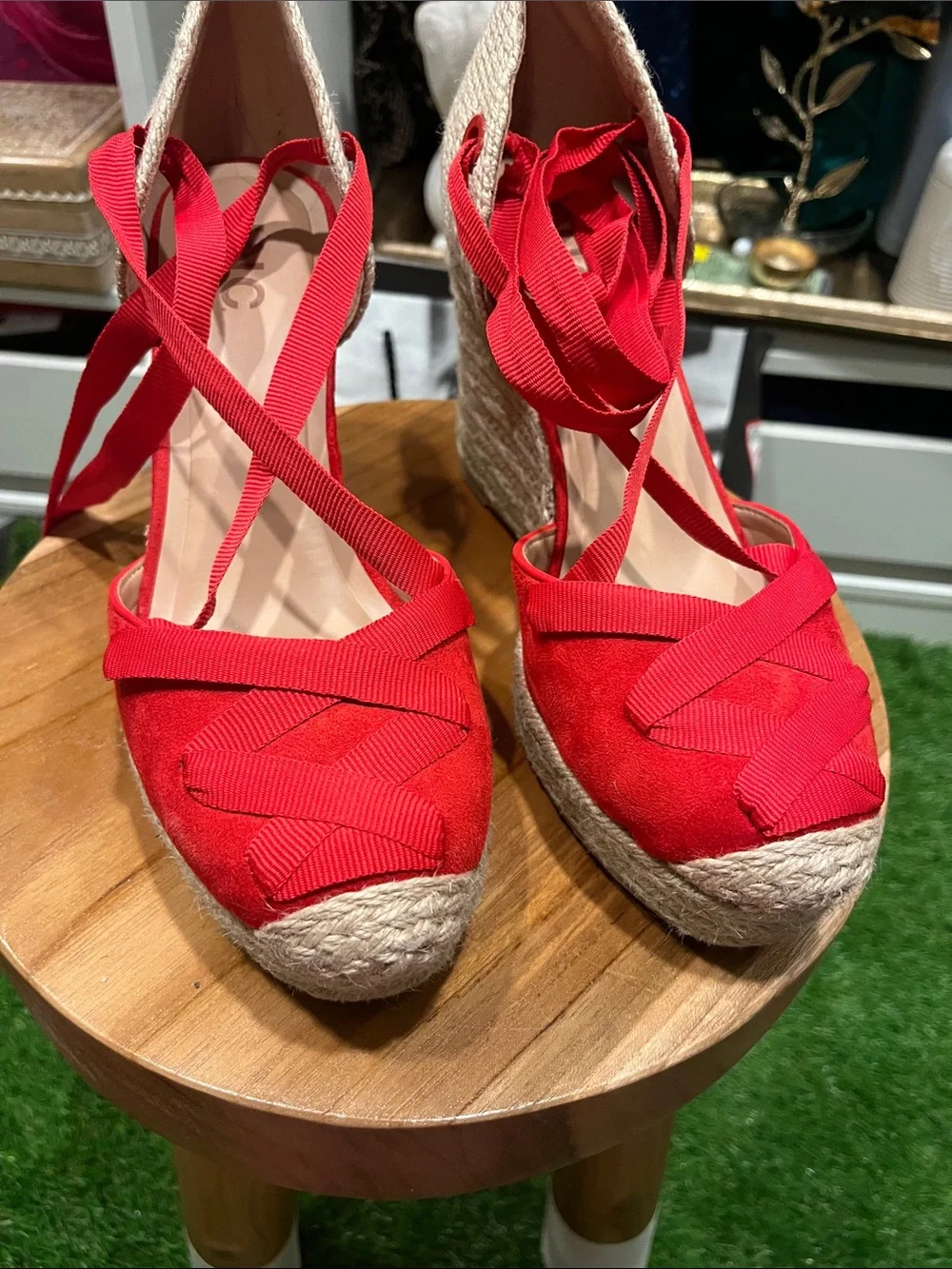 Red Espadrille Wedge Lace-Up Sandals